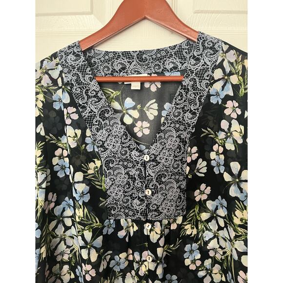 J.Jill Blue Semi Sheer Long Sleeve Floral Boho Blouse Cottagecore sz Large $89 - Picture 8 of 12